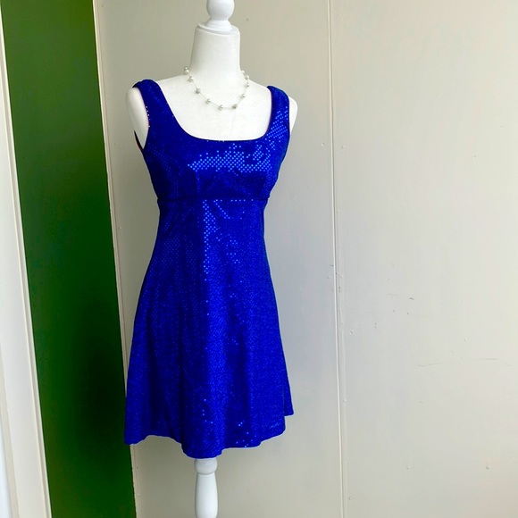 Vintage Dresses & Skirts - Vintage 80s Cobalt Blue Sequin Metallic Fit and Flare Dress